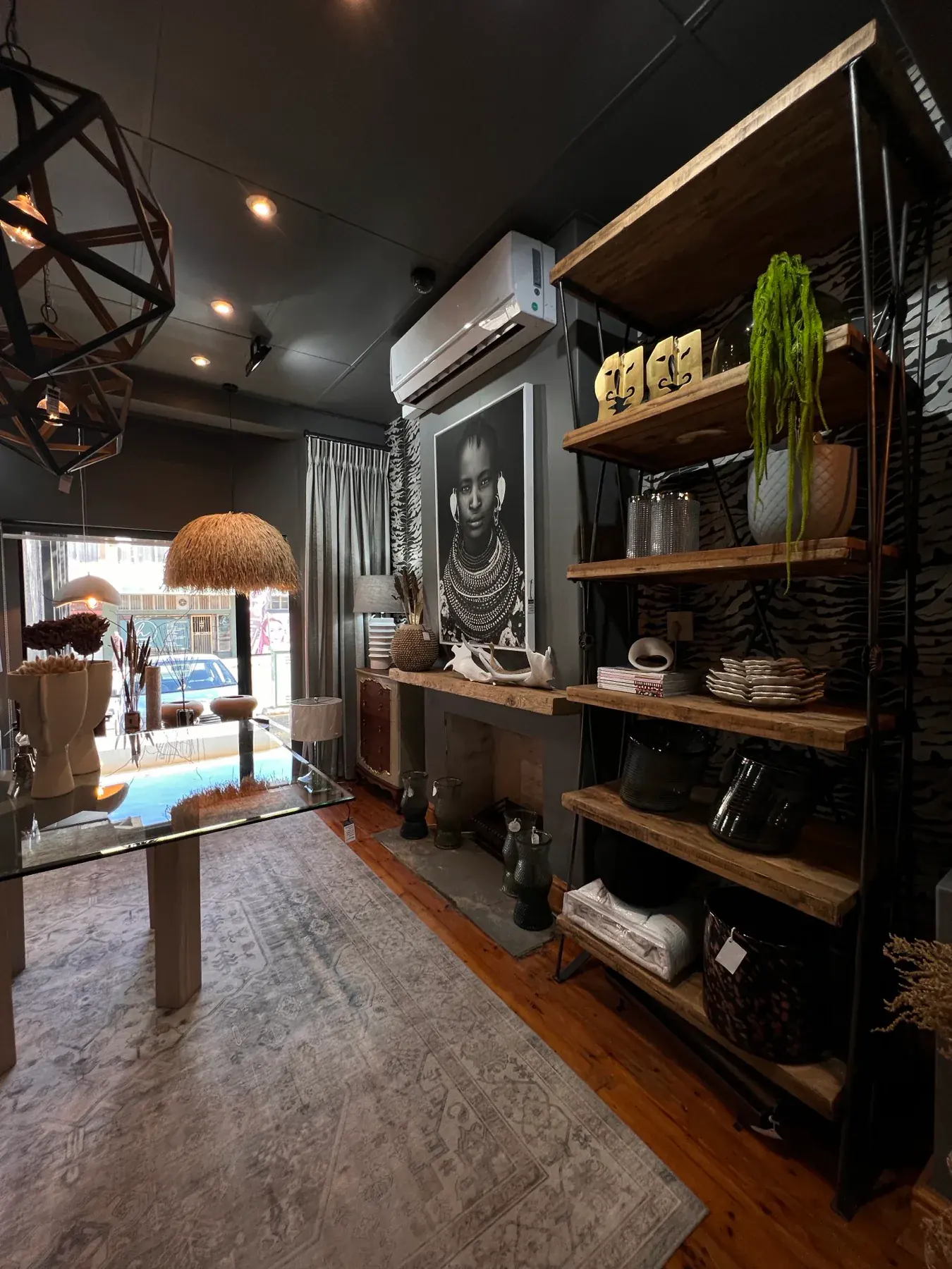 Free State Curtain Parlour showroom interior with decor shelving, lighting and rugs