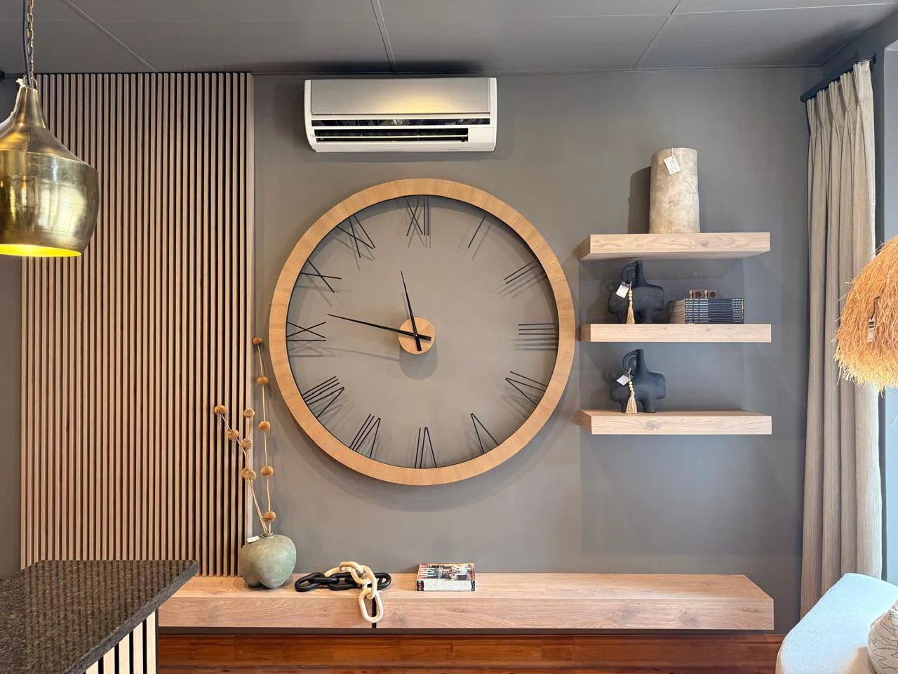 Wall units: Wall units for storage, display or media use, planned around the scale, wood finish, colour and practical needs of the room.